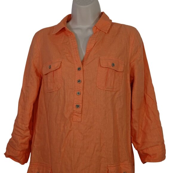 Old Navy Orange Linen Blend Tunic Dress  Women Size M Pockets Roll Tab Sleeves - Picture 2 of 14